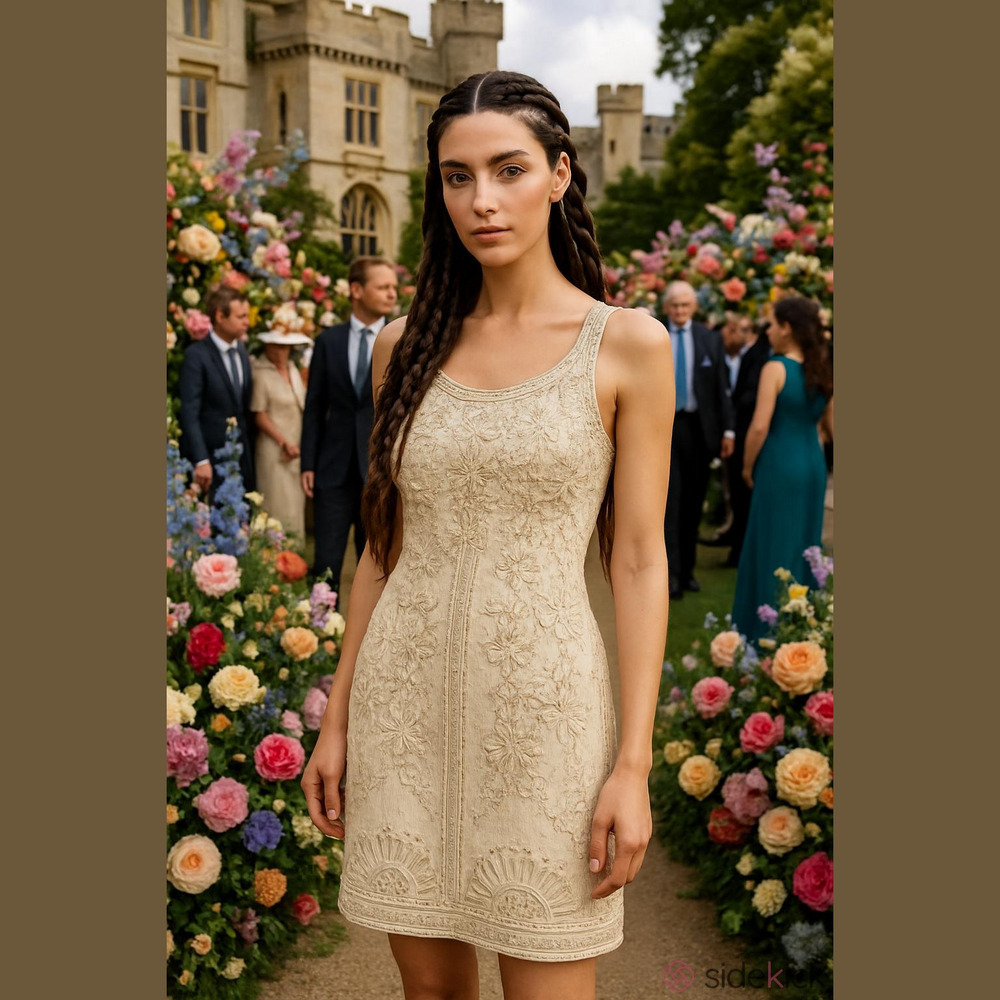 Sue Wong Elegant Gold Embroidered Midi Dress